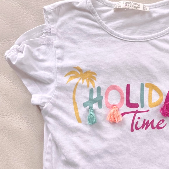 5/$20💥9 Cold Shoulder 'Holiday Time' T-Shirt, Fringe Detail Short Sleeve w Bows - Picture 4 of 9